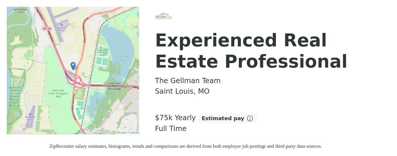 The Gellman Team job posting for a Experienced Real Estate Professional in Saint Louis, MO with a salary of $75,000 Yearly with a map of Saint Louis location.