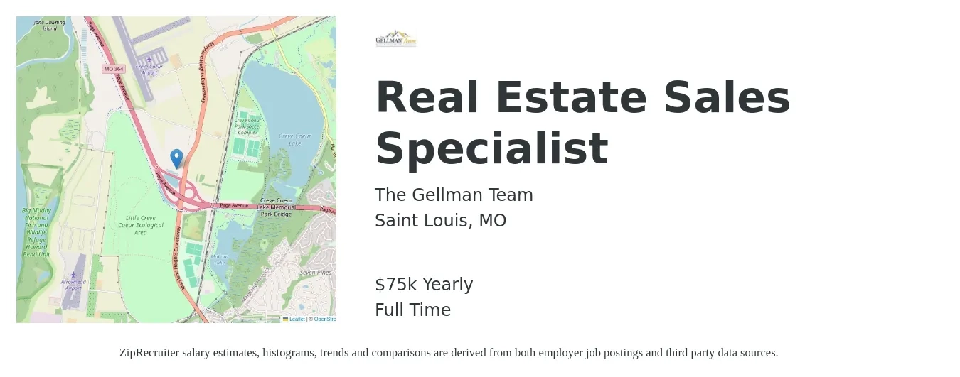 The Gellman Team job posting for a Real Estate Sales Specialist in Saint Louis, MO with a salary of $75,000 Yearly with a map of Saint Louis location.