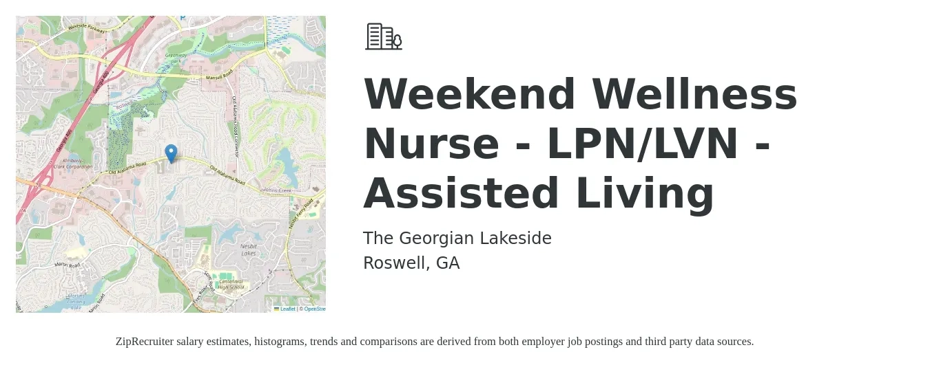 The Georgian Lakeside job posting for a Weekend Wellness Nurse - LPN/LVN - Assisted Living in Roswell, GA with a salary of $28 Hourly with a map of Roswell location.