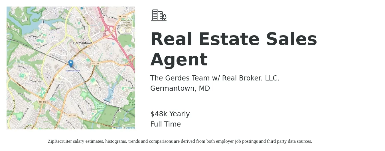 The Gerdes Team w/ Real Broker. LLC. job posting for a Real Estate Sales Agent in Germantown, MD with a salary of $48,227 Yearly with a map of Germantown location.