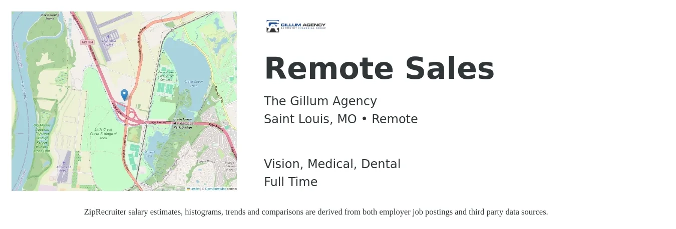 The Gillum Agency job posting for a Remote Sales in Saint Louis, MO with a salary of $51,500 to $93,800 Yearly and benefits including medical, vision, dental, and life_insurance with a map of Saint Louis location.