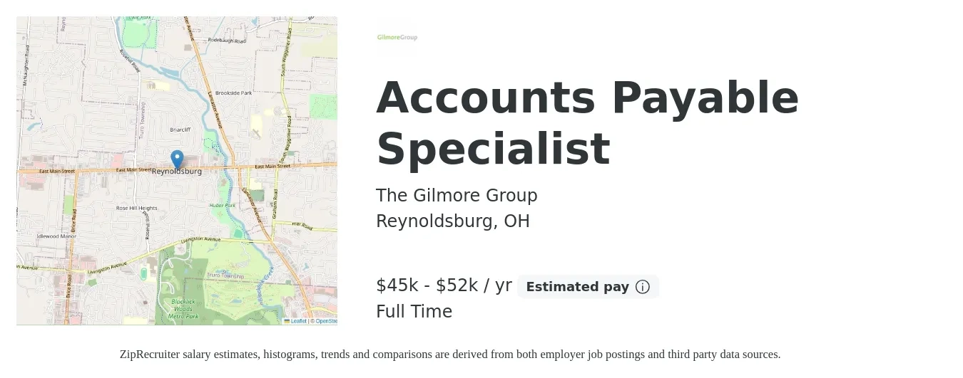 The Gilmore Group job posting for a Accounts Payable Specialist in Reynoldsburg, OH with a salary of $45,000 to $52,000 Yearly with a map of Reynoldsburg location.
