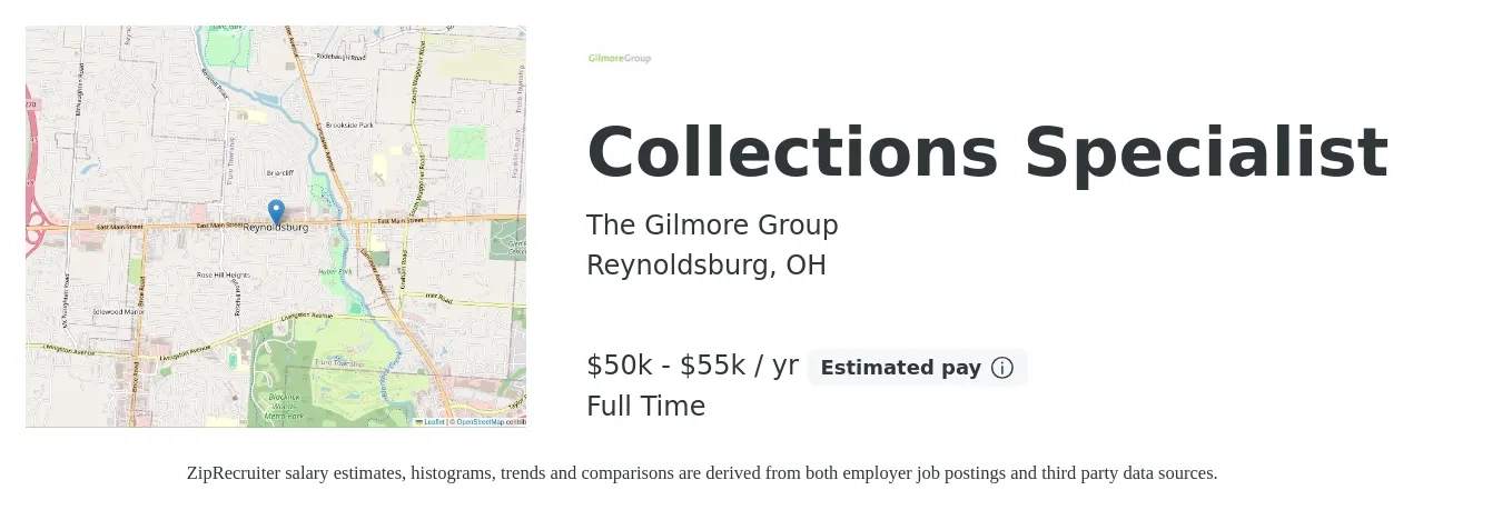 The Gilmore Group job posting for a Collections Specialist in Reynoldsburg, OH with a salary of $50,000 to $55,000 Yearly with a map of Reynoldsburg location.