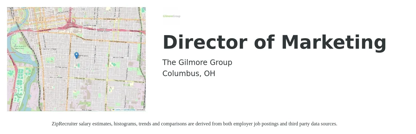 The Gilmore Group job posting for a Director of Marketing in Columbus, OH with a salary of $63,700 to $117,200 Yearly with a map of Columbus location.