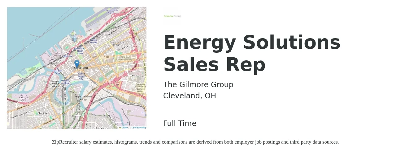 The Gilmore Group job posting for a Energy Solutions Sales Rep in Cleveland, OH with a salary of $51,900 to $90,200 Yearly with a map of Cleveland location.