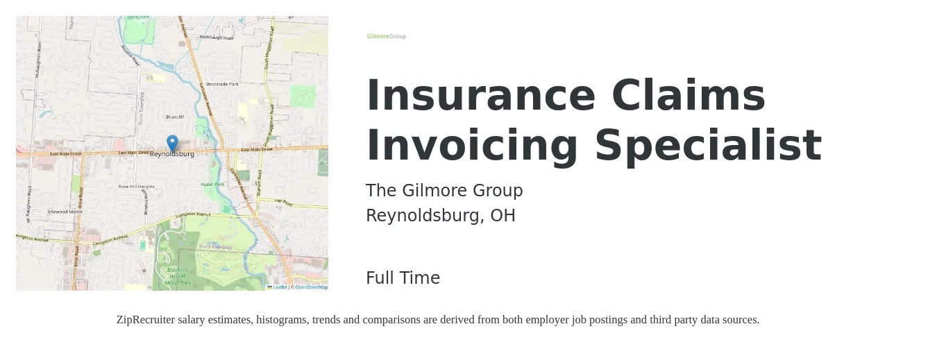 The Gilmore Group job posting for a Insurance Claims Invoicing Specialist in Reynoldsburg, OH with a salary of $15 to $21 Hourly with a map of Reynoldsburg location.