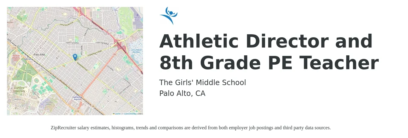 The Girls' Middle School job posting for a Athletic Director and 8th Grade PE Teacher in Palo Alto, CA with a salary of $85,000 to $130,000 Yearly with a map of Palo Alto location.