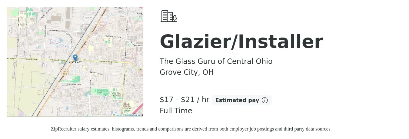 The Glass Guru of Central Ohio job posting for a Glazier/Installer in Grove City, OH with a salary of $18 to $22 Hourly with a map of Grove City location.