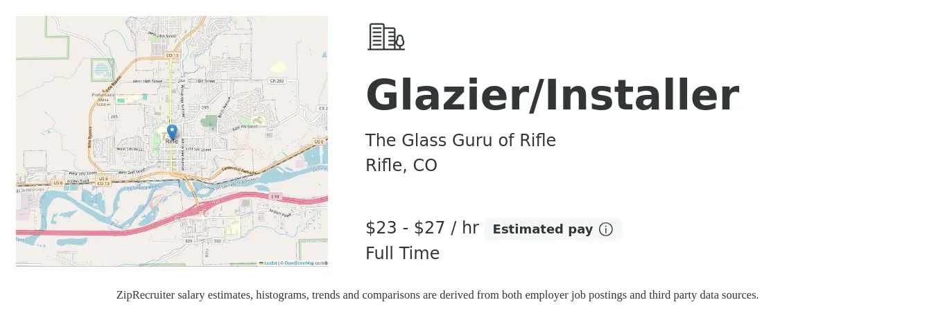 The Glass Guru of Rifle job posting for a Glazier/Installer in Rifle, CO with a salary of $24 to $29 Hourly with a map of Rifle location.