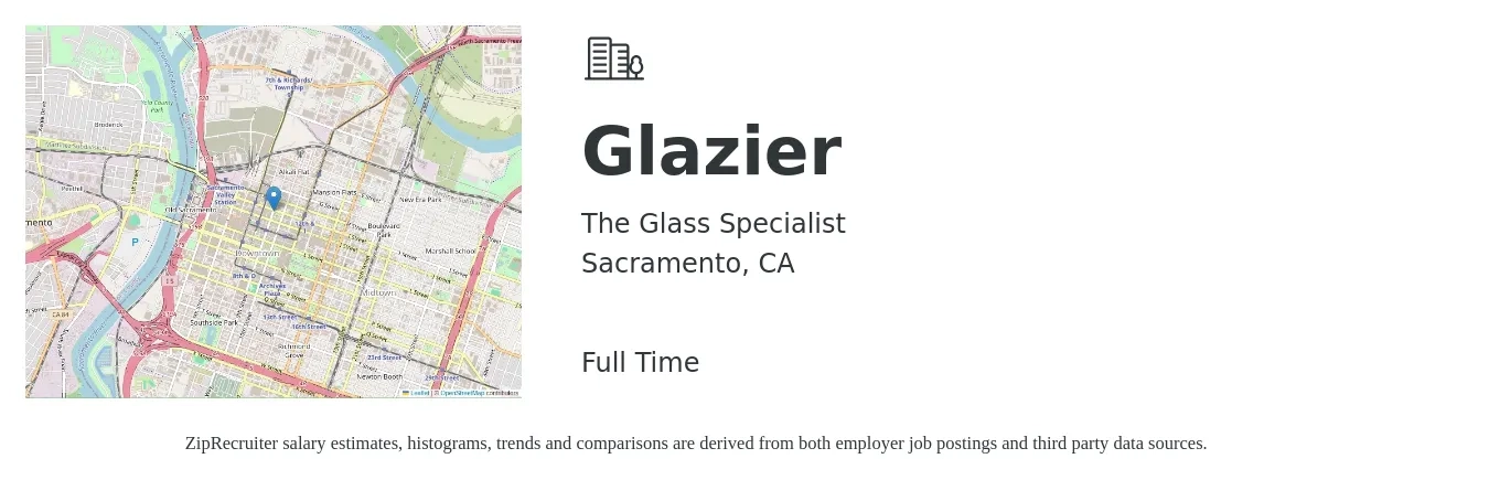 The Glass Specialist job posting for a Glazier in Sacramento, CA with a salary of $22 to $26 Hourly with a map of Sacramento location.