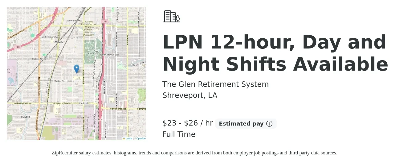 The Glen Retirement System job posting for a LPN 12-hour, Day and Night Shifts Available in Shreveport, LA with a salary of $24 to $28 Hourly with a map of Shreveport location.