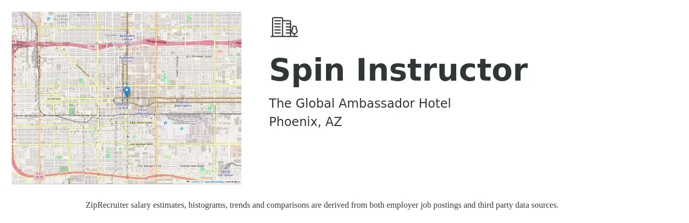 The Global Ambassador Hotel job posting for a Spin Instructor in Phoenix, AZ with a salary of $25 to $44 Hourly with a map of Phoenix location.