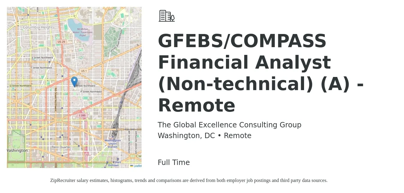 The Global Excellence Consulting Group job posting for a GFEBS/COMPASS Financial Analyst (Non-technical) (A) - Remote in Washington, DC with a salary of $77,400 to $122,200 Yearly with a map of Washington location.