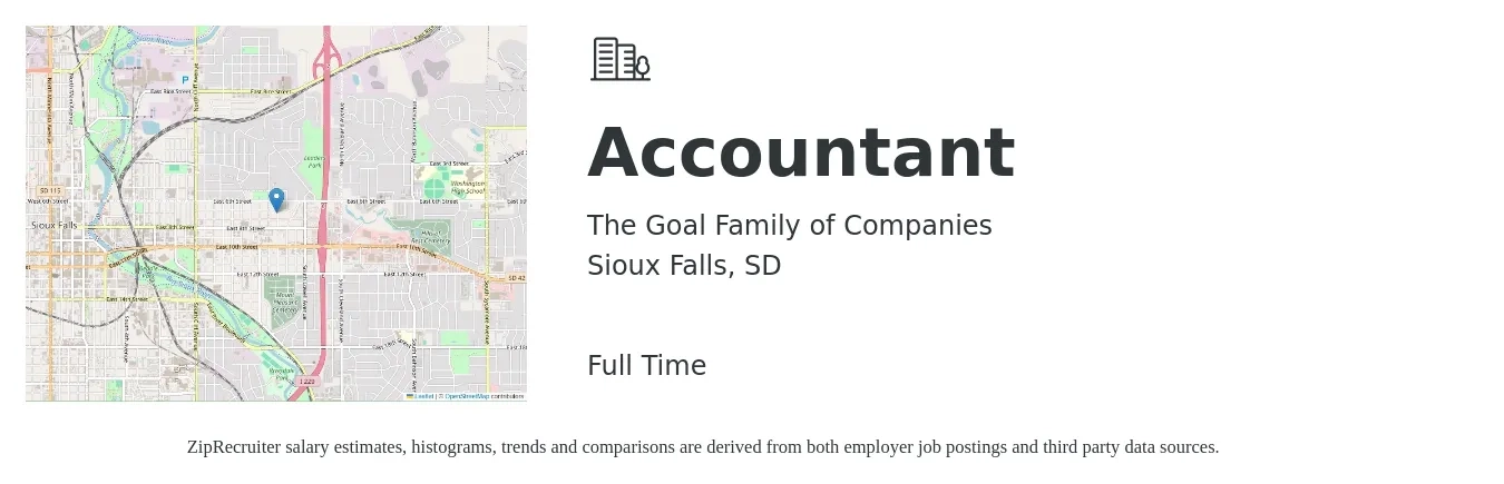 The Goal Family of Companies job posting for a Accountant in Sioux Falls, SD with a salary of $1,000 Daily with a map of Sioux Falls location.