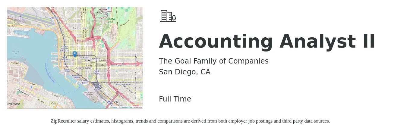 The Goal Family of Companies job posting for a Accounting Analyst II in San Diego, CA with a salary of $1,000 Daily with a map of San Diego location.