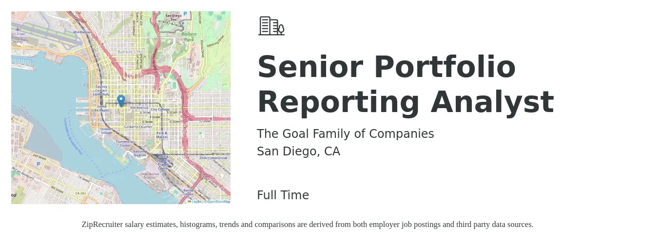 The Goal Family of Companies job posting for a Senior Portfolio Reporting Analyst in San Diego, CA with a salary of $1,000 Daily with a map of San Diego location.