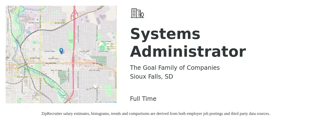 The Goal Family of Companies job posting for a Systems Administrator in Sioux Falls, SD with a salary of $1,000 Daily with a map of Sioux Falls location.
