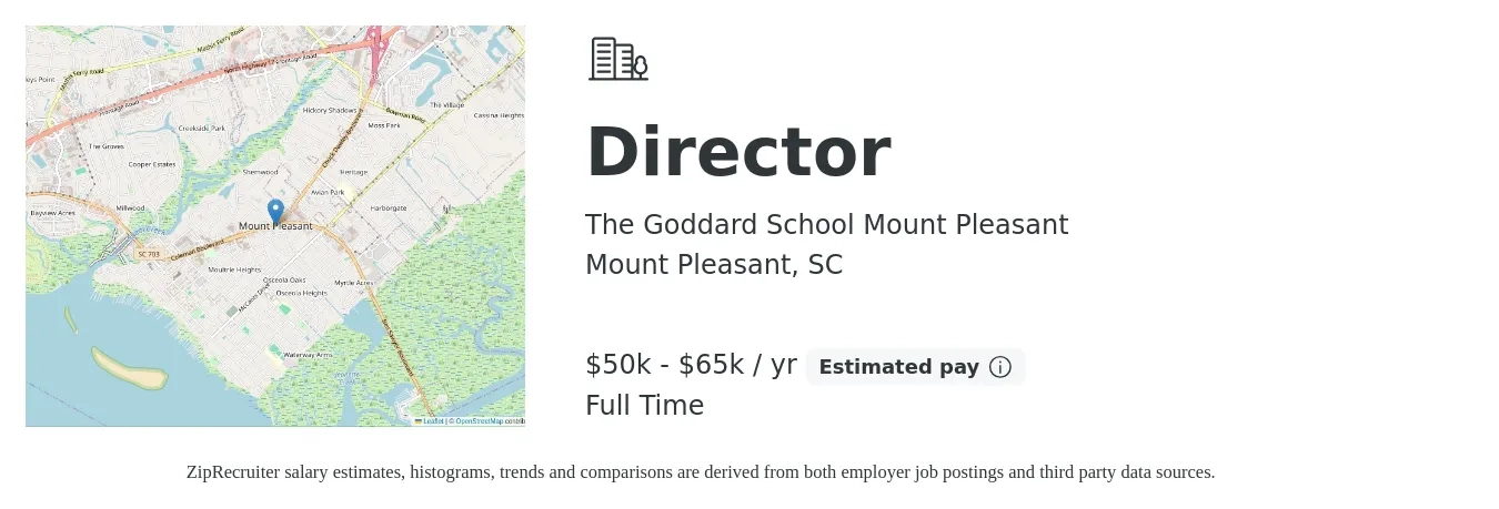 The Goddard School Mount Pleasant job posting for a Director in Mount Pleasant, SC with a salary of $50,000 to $65,000 Yearly with a map of Mount Pleasant location.