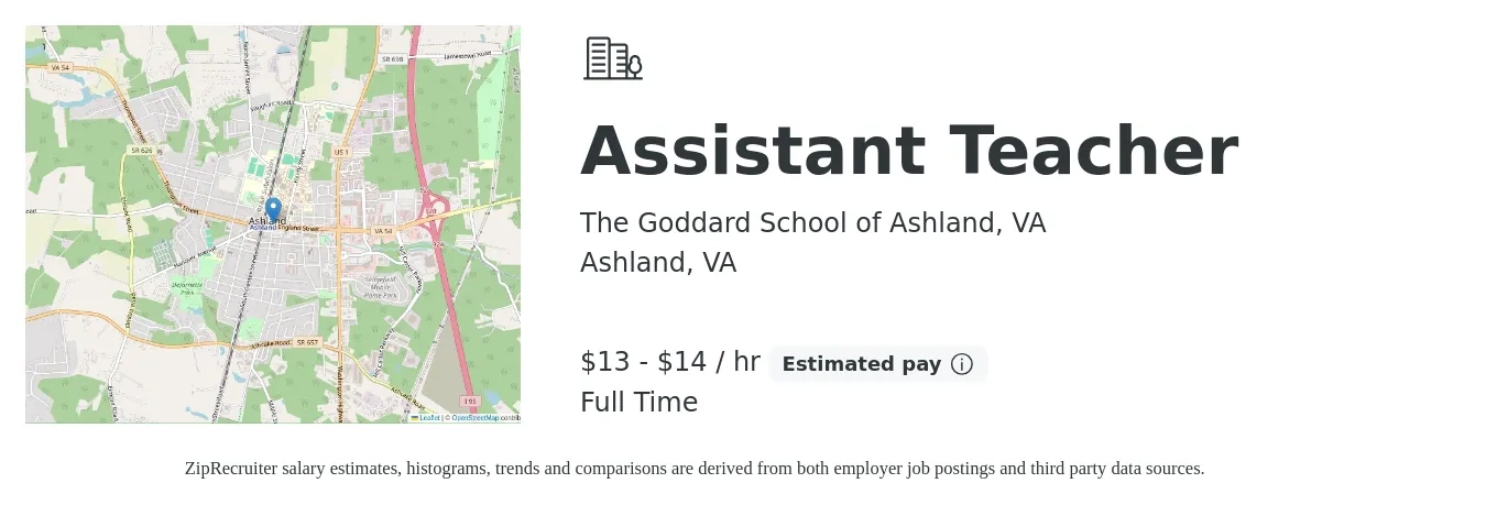 The Goddard School of Ashland, VA job posting for a Assistant Teacher in Ashland, VA with a salary of $14 to $16 Hourly with a map of Ashland location.