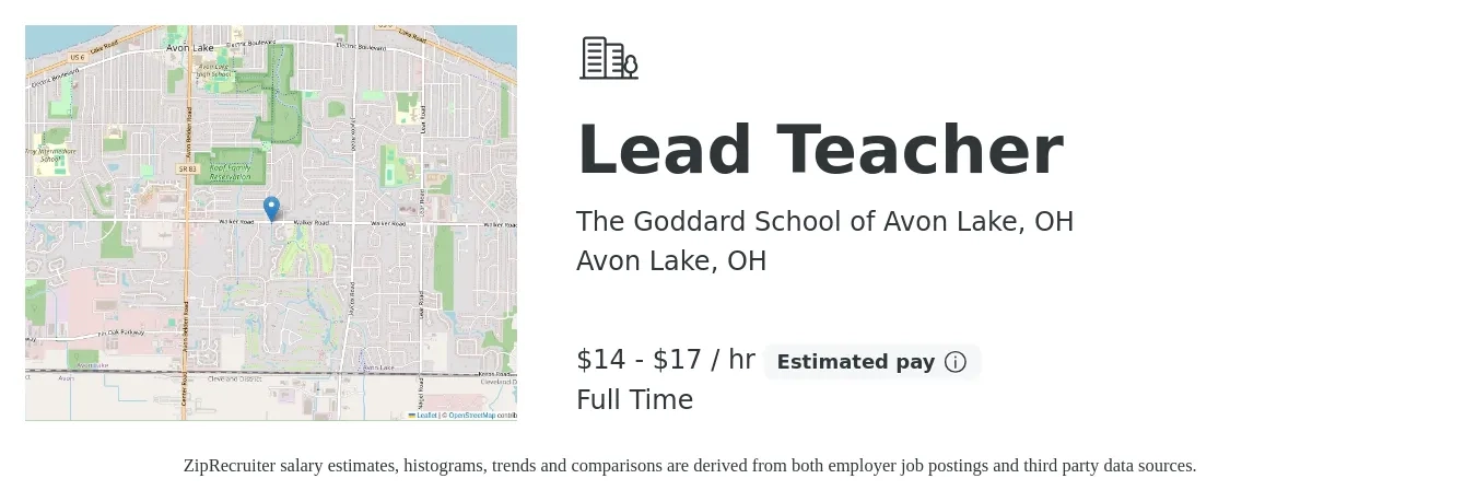 The Goddard School of Avon Lake, OH job posting for a Lead Teacher in Avon Lake, OH with a salary of $15 to $18 Hourly with a map of Avon Lake location.