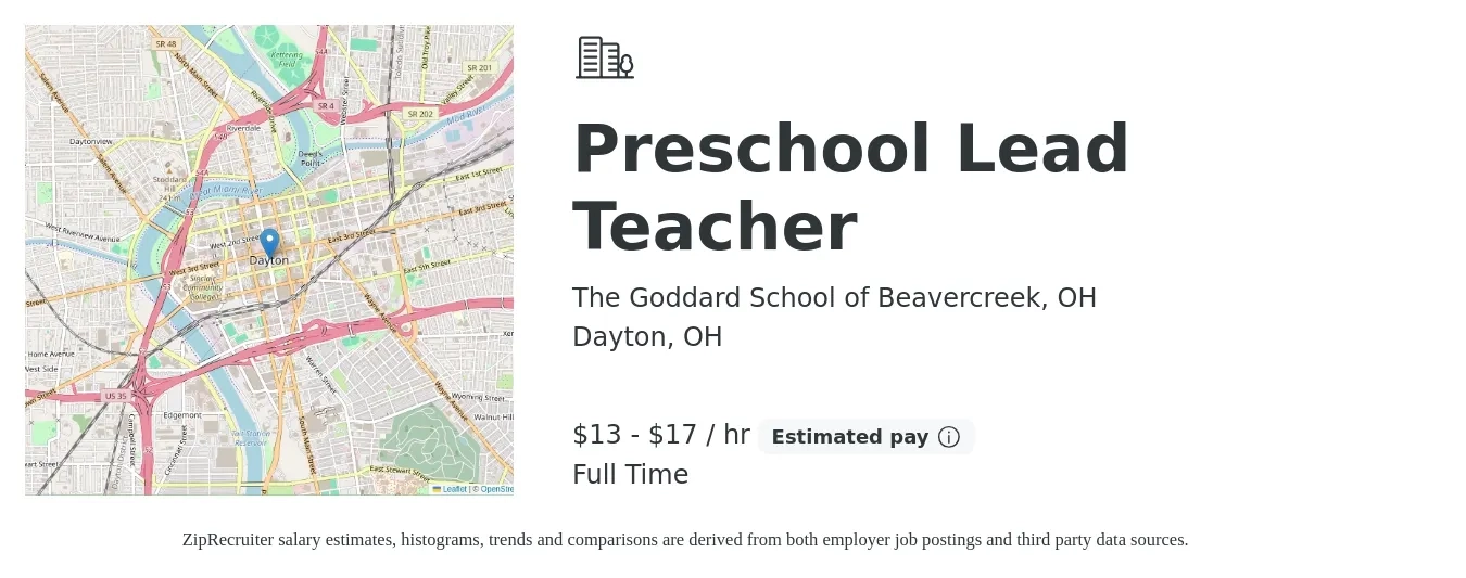 The Goddard School of Beavercreek, OH job posting for a Preschool Lead Teacher in Dayton, OH with a salary of $14 to $18 Hourly with a map of Dayton location.