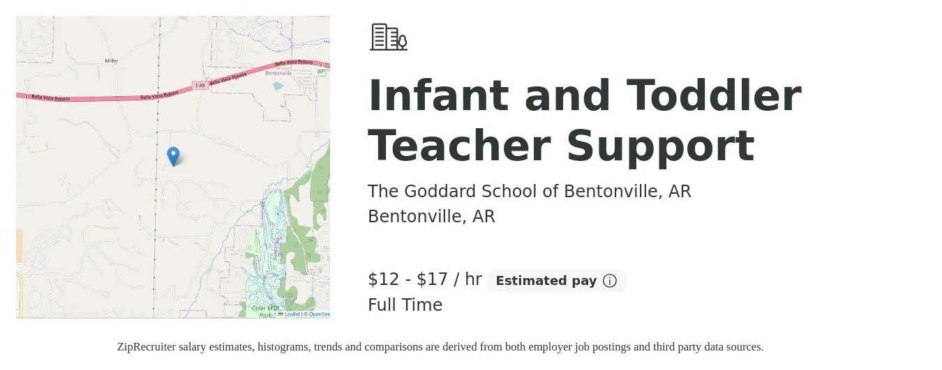 The Goddard School of Bentonville, AR job posting for a Infant and Toddler Teacher Support in Bentonville, AR with a salary of $13 to $18 Hourly with a map of Bentonville location.
