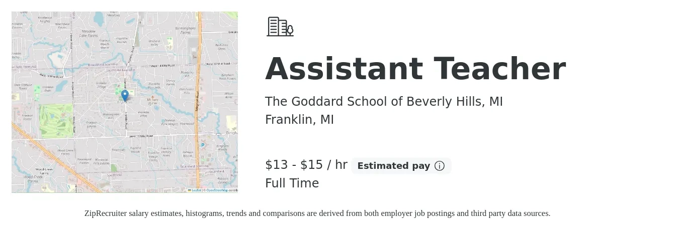 The Goddard School of Beverly Hills, MI job posting for a Assistant Teacher in Franklin, MI with a salary of $14 to $16 Hourly with a map of Franklin location.