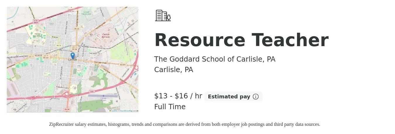 The Goddard School of Carlisle, PA job posting for a Resource Teacher in Carlisle, PA with a salary of $17 to $31 Hourly with a map of Carlisle location.