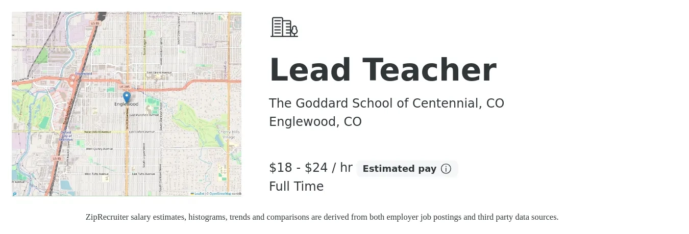The Goddard School of Centennial, CO job posting for a Lead Teacher in Englewood, CO with a salary of $19 to $25 Hourly with a map of Englewood location.