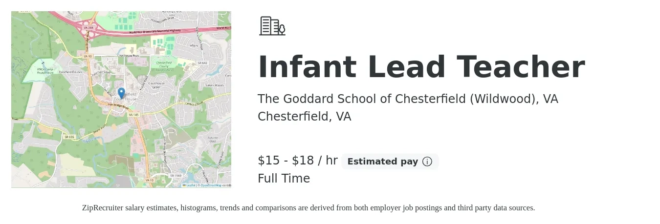 The Goddard School of Chesterfield, VA job posting for a Infant Lead Teacher in Chesterfield, VA with a salary of $16 to $19 Hourly with a map of Chesterfield location.
