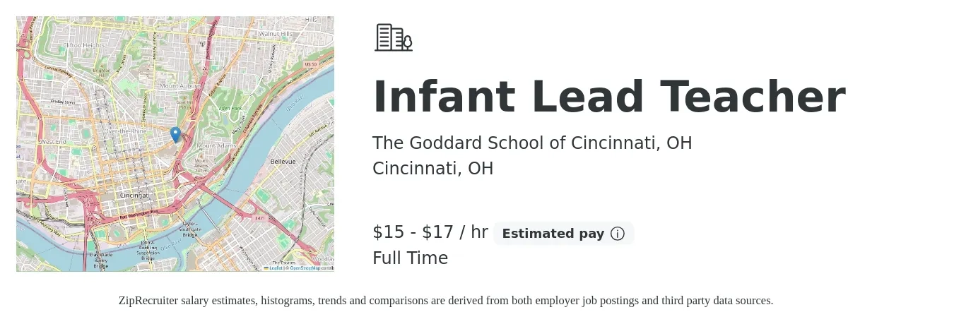 The Goddard School of Cincinnati, OH job posting for a Infant Lead Teacher in Cincinnati, OH with a salary of $16 to $18 Hourly with a map of Cincinnati location.