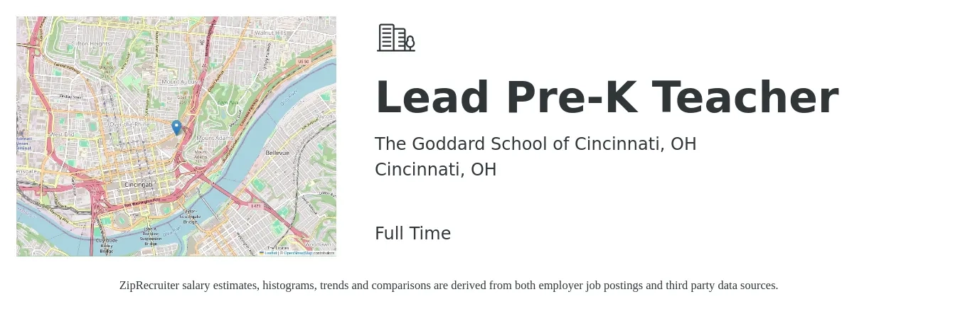 The Goddard School of Cincinnati, OH job posting for a Lead Pre-K Teacher in Cincinnati, OH with a salary of $15 to $20 Hourly with a map of Cincinnati location.