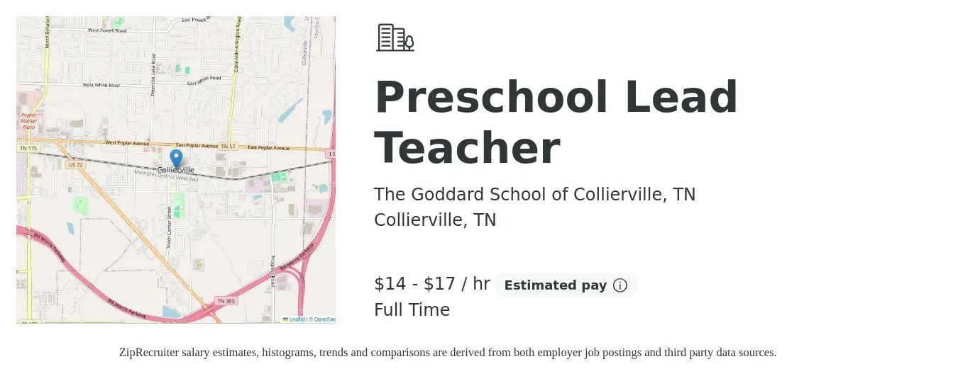 The Goddard School of Collierville, TN job posting for a Preschool Lead Teacher in Collierville, TN with a salary of $15 to $18 Hourly with a map of Collierville location.