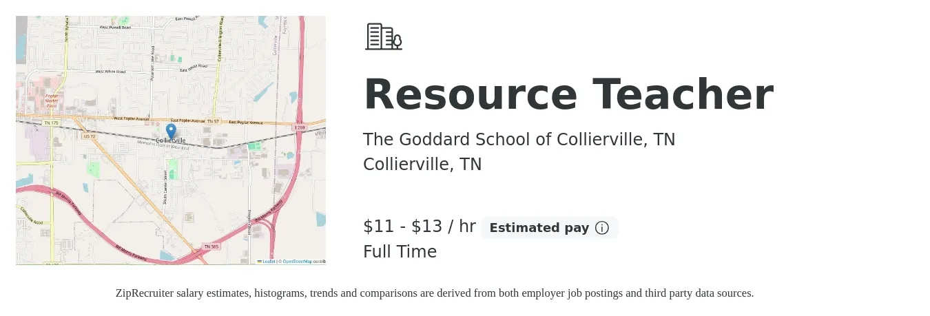 The Goddard School of Collierville, TN job posting for a Resource Teacher in Collierville, TN with a salary of $12 to $14 Hourly with a map of Collierville location.