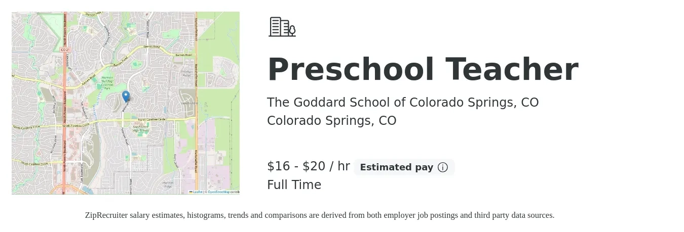 The Goddard School of Colorado Springs, CO job posting for a Preschool Teacher in Colorado Springs, CO with a salary of $17 to $21 Hourly with a map of Colorado Springs location.