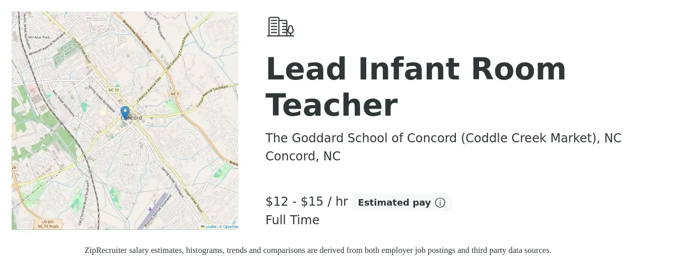The Goddard School of Concord (Coddle Creek Market), NC job posting for a Lead Infant Room Teacher in Concord, NC with a salary of $13 to $16 Hourly with a map of Concord location.