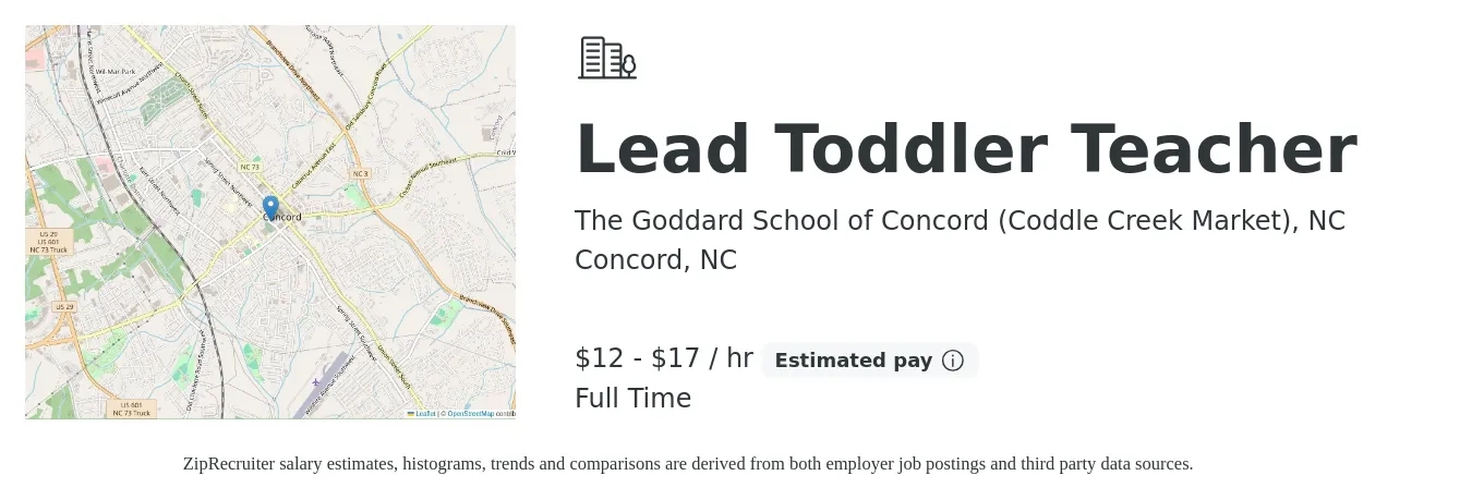 The Goddard School of Concord (Coddle Creek Market), NC job posting for a Lead Toddler Teacher in Concord, NC with a salary of $13 to $18 Hourly with a map of Concord location.