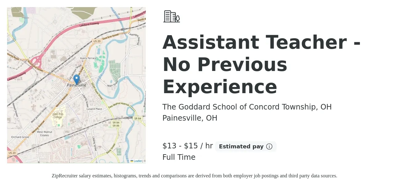 The Goddard School of Concord Township, OH job posting for a Assistant Teacher - No Previous Experience in Painesville, OH with a salary of $14 to $16 Hourly with a map of Painesville location.