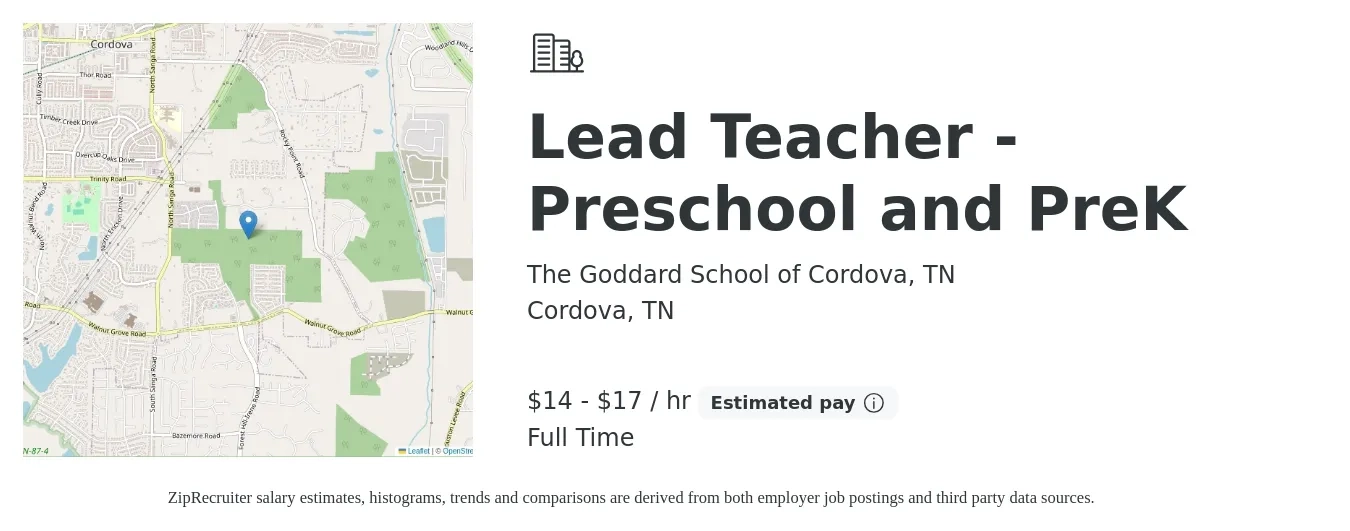 The Goddard School of Cordova, TN job posting for a Lead Teacher - Preschool and PreK in Cordova, TN with a salary of $15 to $18 Hourly with a map of Cordova location.