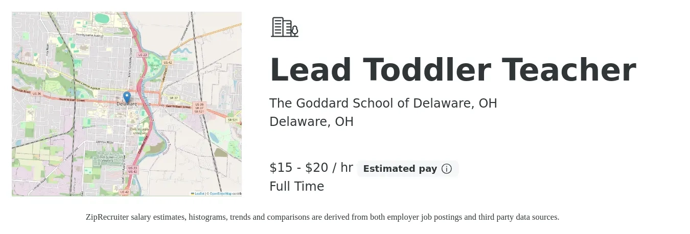 The Goddard School of Delaware, OH job posting for a Lead Toddler Teacher in Delaware, OH with a salary of $17 to $21 Hourly with a map of Delaware location.