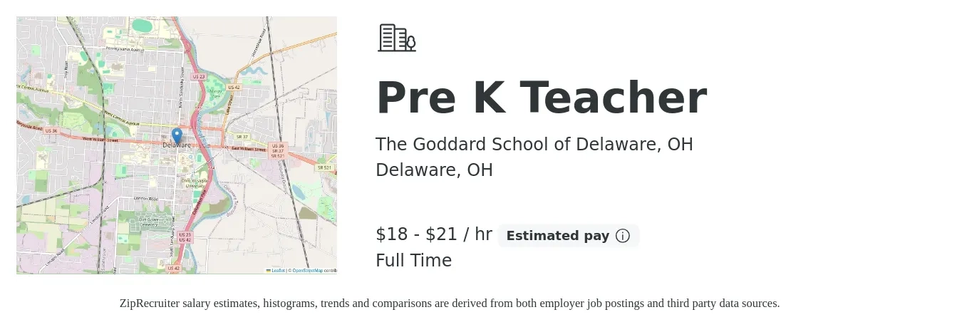 The Goddard School of Delaware, OH job posting for a Pre K Teacher in Delaware, OH with a salary of $17 to $20 Hourly with a map of Delaware location.