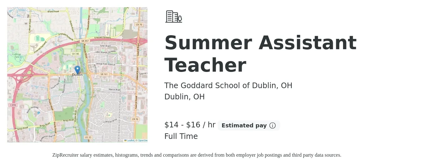 The Goddard School of Dublin, OH job posting for a Summer Assistant Teacher in Dublin, OH with a salary of $15 to $17 Hourly with a map of Dublin location.