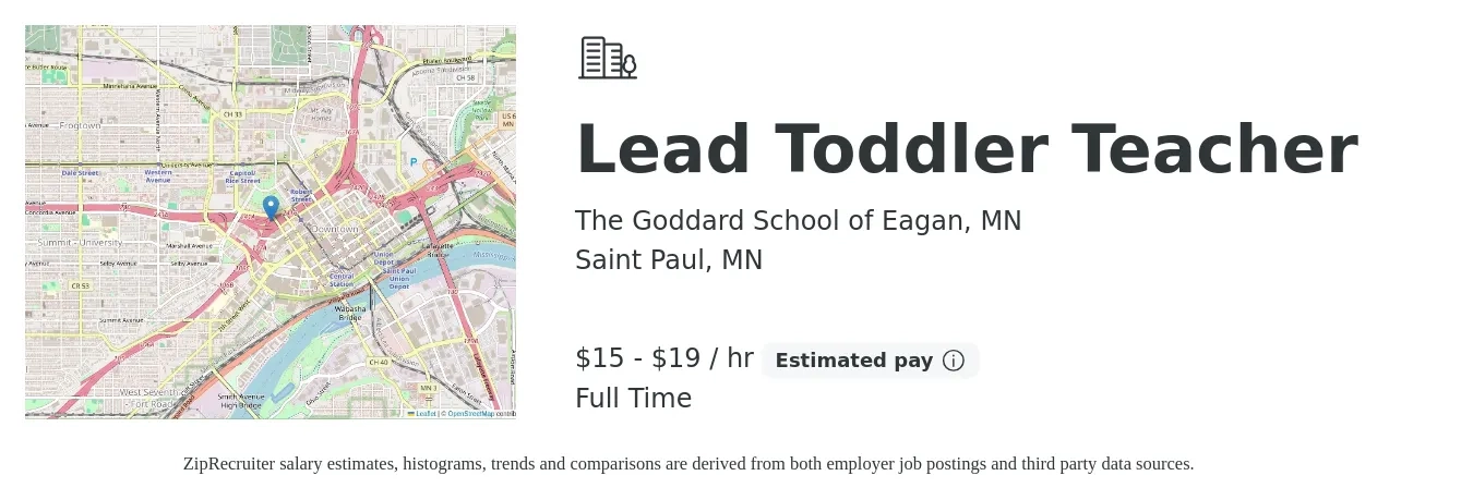 The Goddard School of Eagan, MN job posting for a Lead Toddler Teacher in Saint Paul, MN with a salary of $16 to $20 Hourly with a map of Saint Paul location.