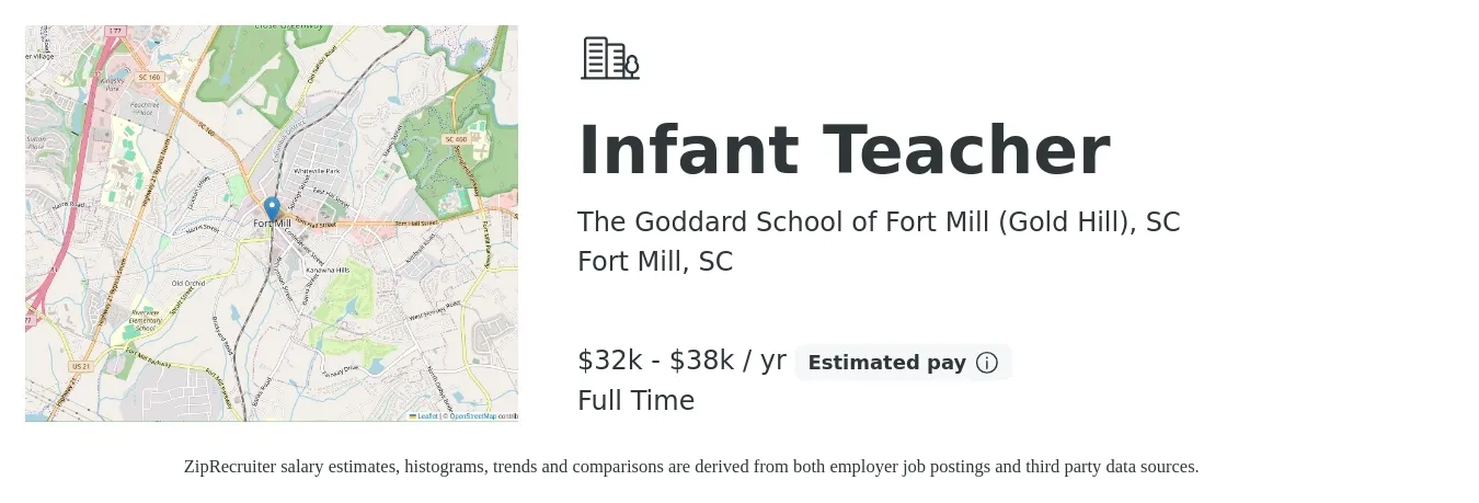The Goddard School of Fort Mill (Gold Hill), SC job posting for a Infant Teacher in Fort Mill, SC with a salary of $32,000 to $38,000 Yearly with a map of Fort Mill location.