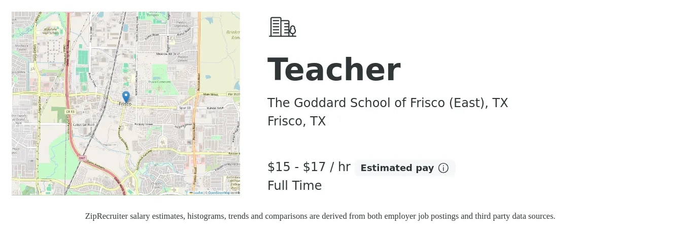 The Goddard School of Frisco (East), TX job posting for a Teacher in Frisco, TX with a salary of $16 to $18 Hourly with a map of Frisco location.