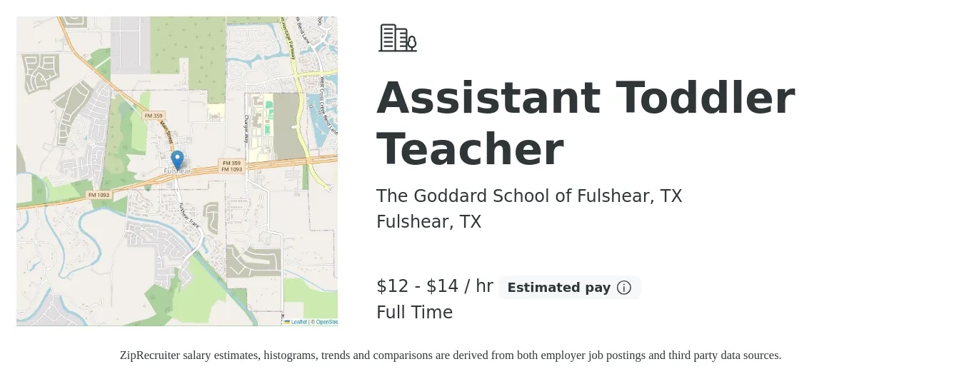 The Goddard School of Fulshear, TX job posting for a Assistant Toddler Teacher in Fulshear, TX with a salary of $13 to $15 Hourly with a map of Fulshear location.