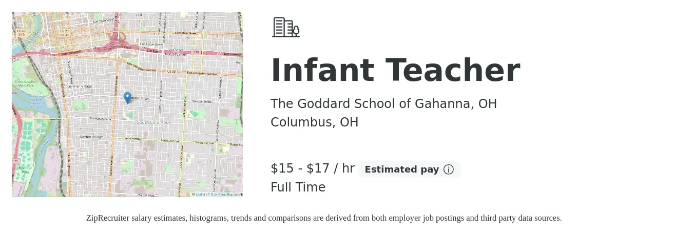 The Goddard School of Gahanna, OH job posting for a Infant Teacher in Columbus, OH with a salary of $16 to $18 Hourly with a map of Columbus location.