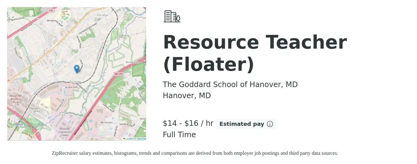 The Goddard School of Hanover, MD job posting for a Resource Teacher (Floater) in Hanover, MD with a salary of $15 to $18 Hourly with a map of Hanover location.