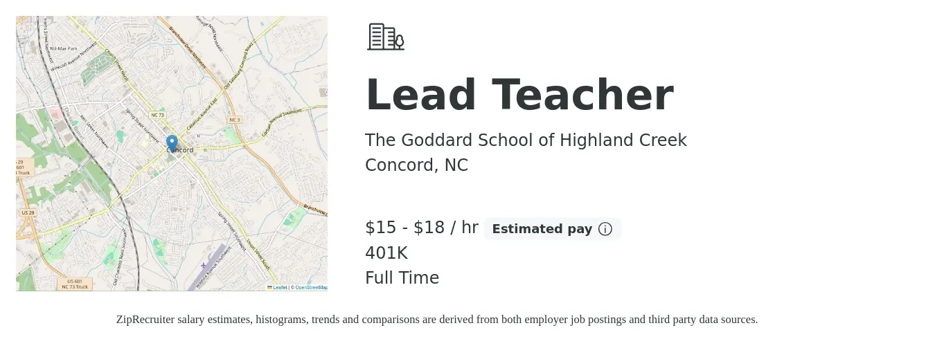 The Goddard School of Highland Creek job posting for a Lead Teacher in Concord, NC with a salary of $16 to $19 Hourly and benefits including 401k with a map of Concord location.