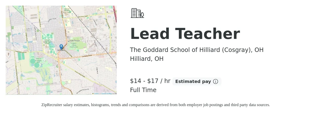 The Goddard School of Hilliard (Cosgray), OH job posting for a Lead Teacher in Hilliard, OH with a salary of $15 to $18 Hourly with a map of Hilliard location.